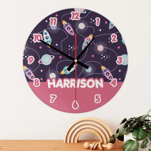 Personalised Space Rocket Wall Clock Glass