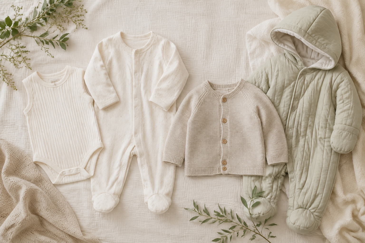 Newborn clothing layers arranged for different UK seasons
