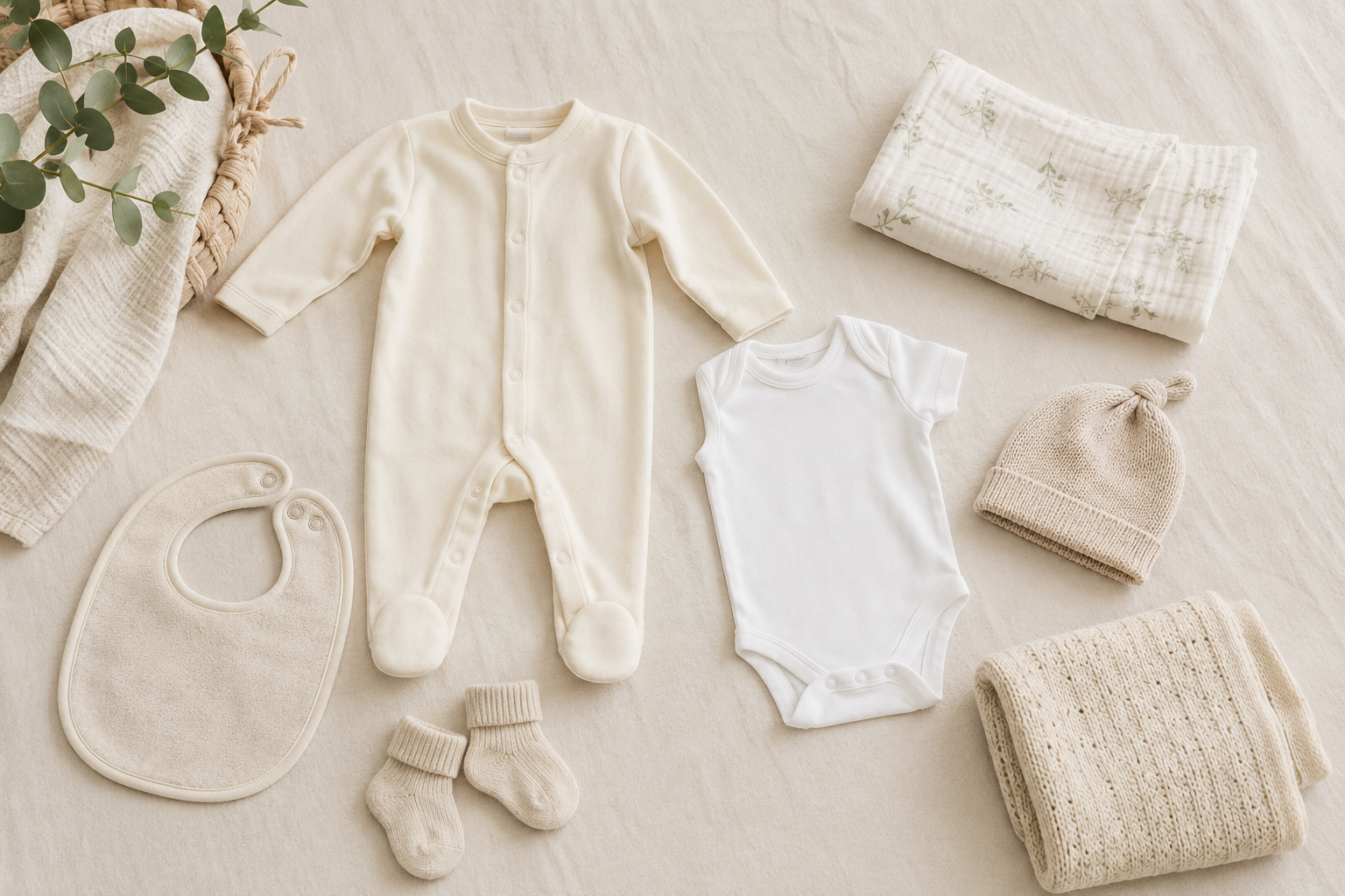 Newborn clothes checklist with baby grow, vest, bib, hat, socks and blanket