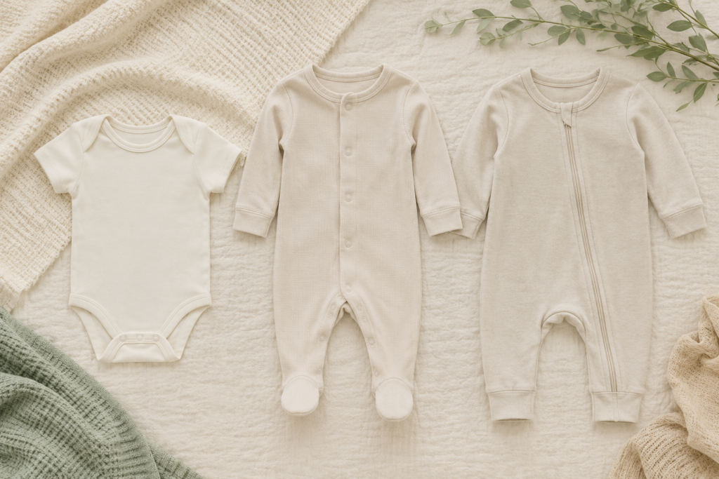 Baby vest, babygrow and sleepsuit laid side by side