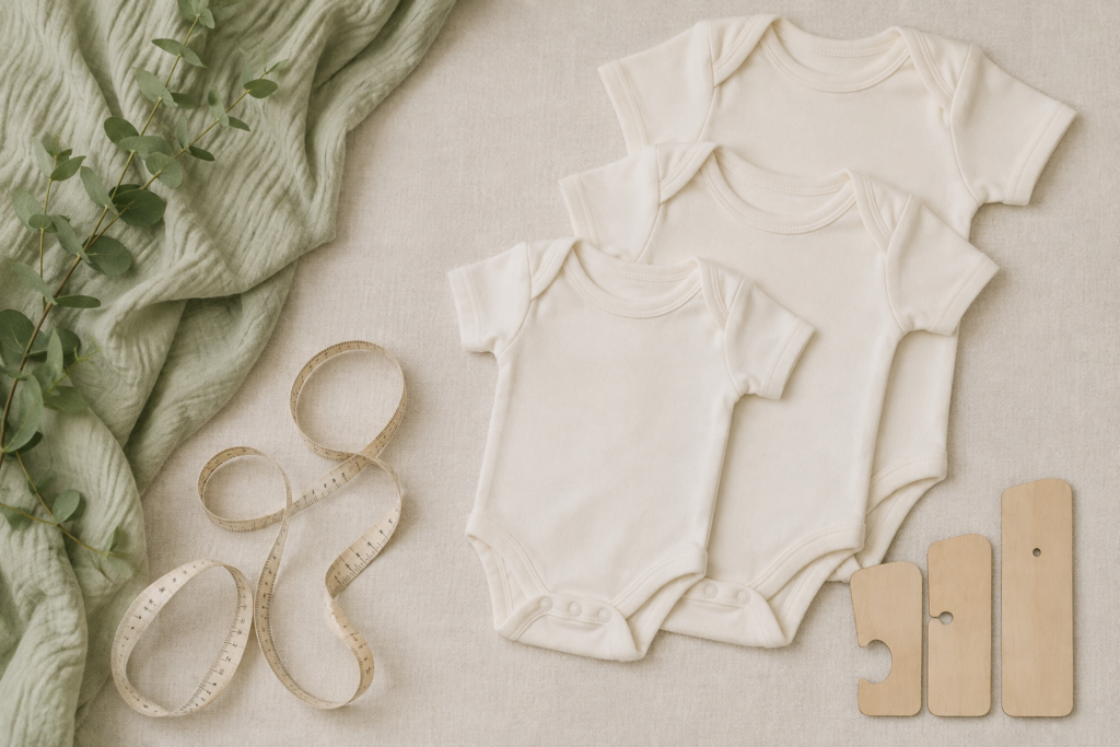 Newborn baby vests in several sizes arranged neatly