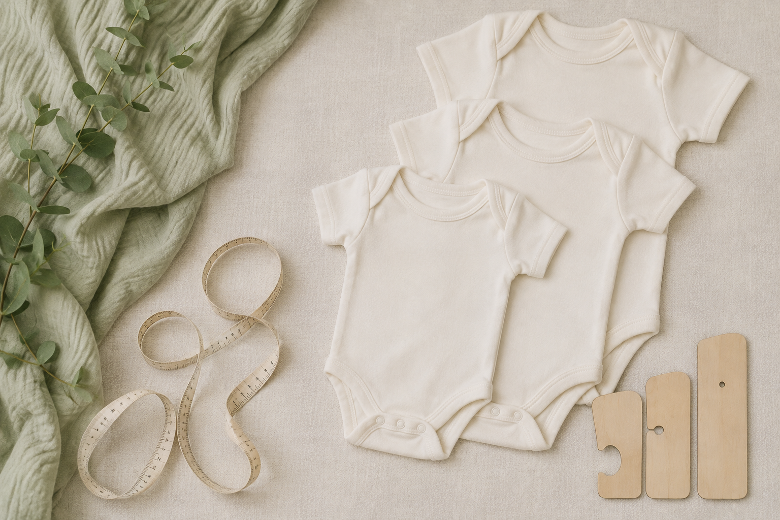Newborn baby vests in several sizes arranged neatly