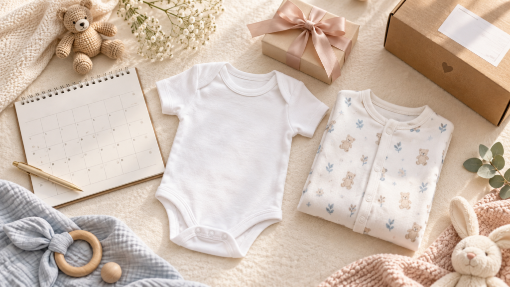Personalised baby clothes arranged beside a calendar and gift box