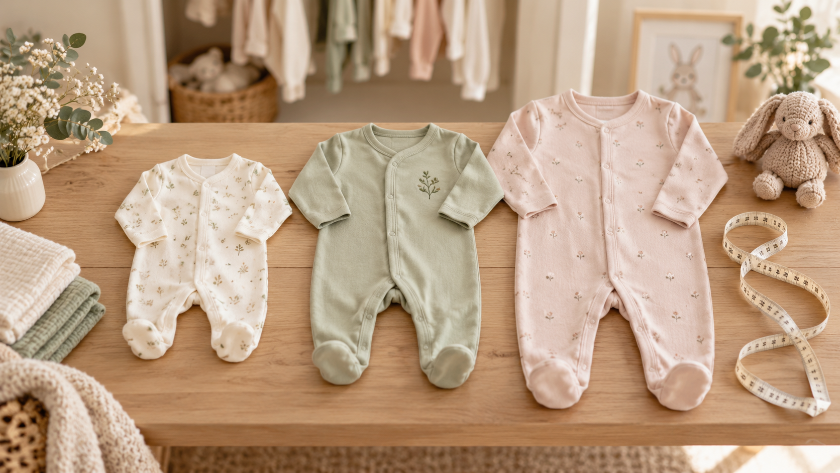 Newborn clothes in graduated sizes beside a tape measure